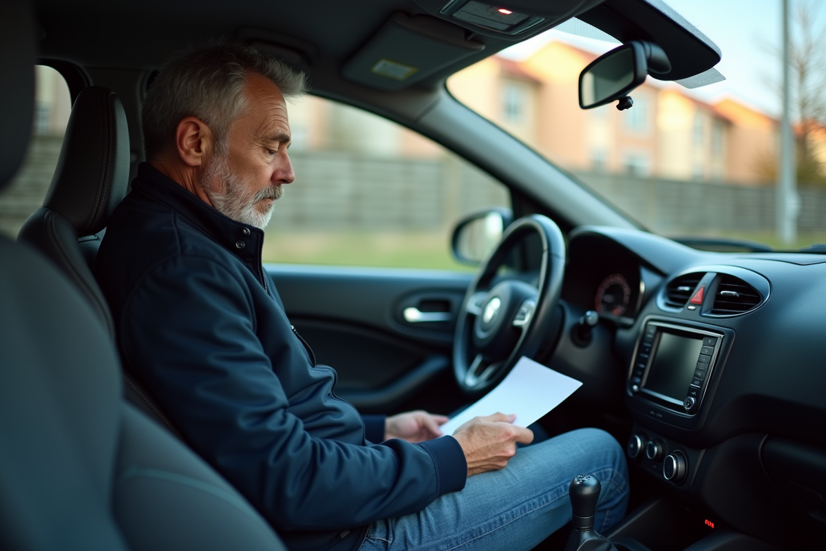 Homme d'âge moyen dans sa voiture en réflexion
