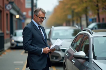 Homme d affaires près de sa voiture endommagée en ville