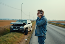 Homme frustré au téléphone à côté de sa voiture en panne