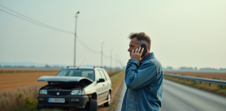 Homme frustré au téléphone à côté de sa voiture en panne