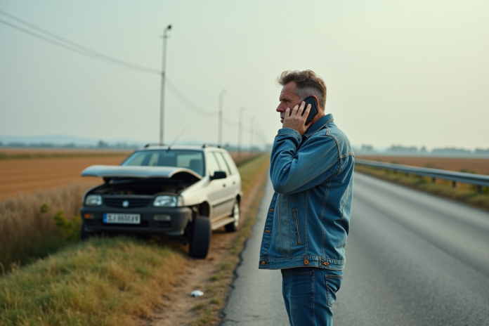 Homme frustré au téléphone à côté de sa voiture en panne