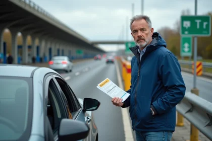 Homme d'âge moyen au peage autoroute en France