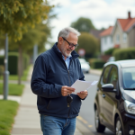 Homme souriant avec clé de voiture dans un quartier résidentiel