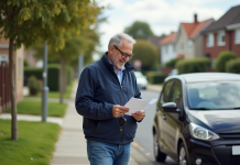 Homme souriant avec clé de voiture dans un quartier résidentiel