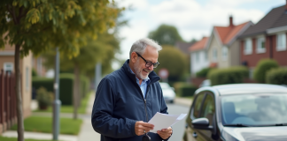 Homme souriant avec clé de voiture dans un quartier résidentiel