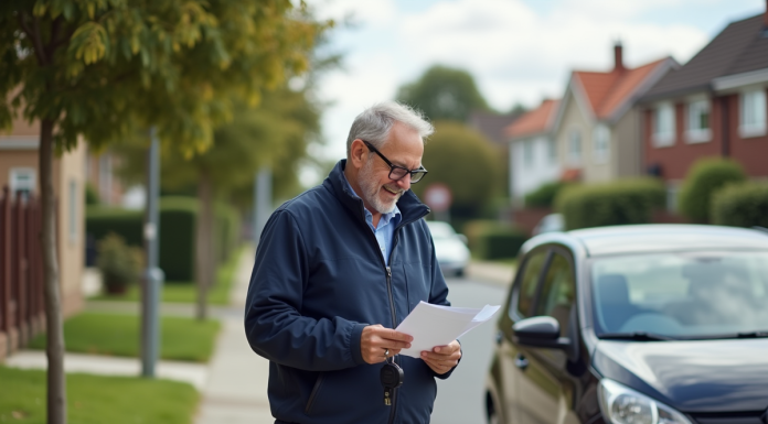 Homme souriant avec clé de voiture dans un quartier résidentiel