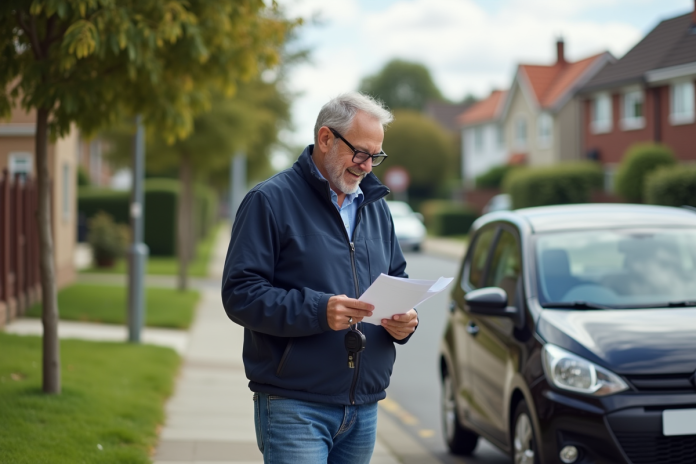 Homme souriant avec clé de voiture dans un quartier résidentiel