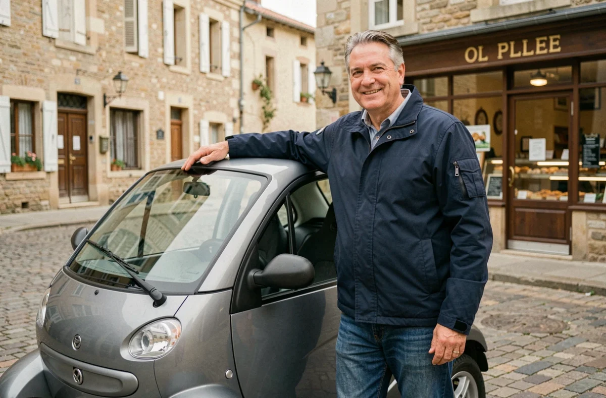 Homme d'une cinquantaine d'années posant fièrement à côté d'une voiture sans permis dans un village vendéen