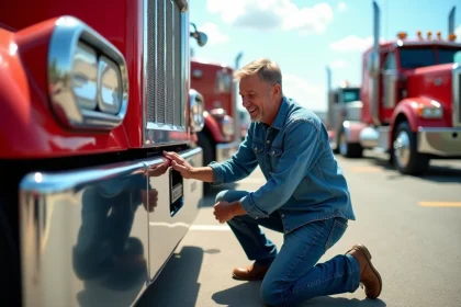 Homme passionne polissant un camion Kenworth restauré