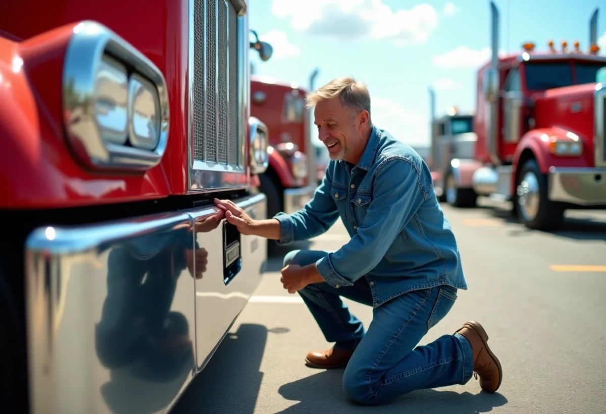 Homme passionne polissant un camion Kenworth restauré