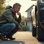 Pneu longue durée : quel modèle choisir pour une meilleure longévité ? Homme d'âge moyen examinant un pneu de voiture dans la rue