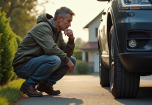 Pneu longue durée : quel modèle choisir pour une meilleure longévité ? Homme d'âge moyen examinant un pneu de voiture dans la rue