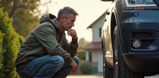 Pneu longue durée : quel modèle choisir pour une meilleure longévité ? Homme d'âge moyen examinant un pneu de voiture dans la rue