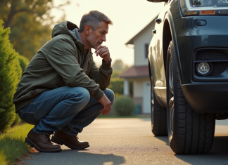 Pneu longue durée : quel modèle choisir pour une meilleure longévité ? Homme d'âge moyen examinant un pneu de voiture dans la rue