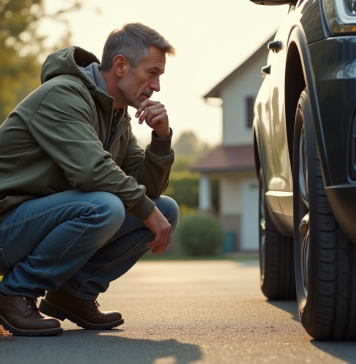 Pneu longue durée : quel modèle choisir pour une meilleure longévité ? Homme d'âge moyen examinant un pneu de voiture dans la rue