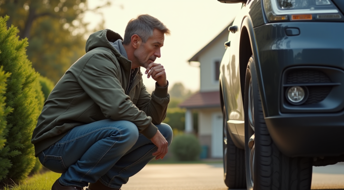 Pneu longue durée : quel modèle choisir pour une meilleure longévité ? Homme d'âge moyen examinant un pneu de voiture dans la rue