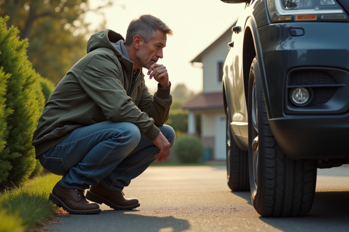 homme-voyant-pneu-voiture Homme d'âge moyen examinant un pneu de voiture dans la rue