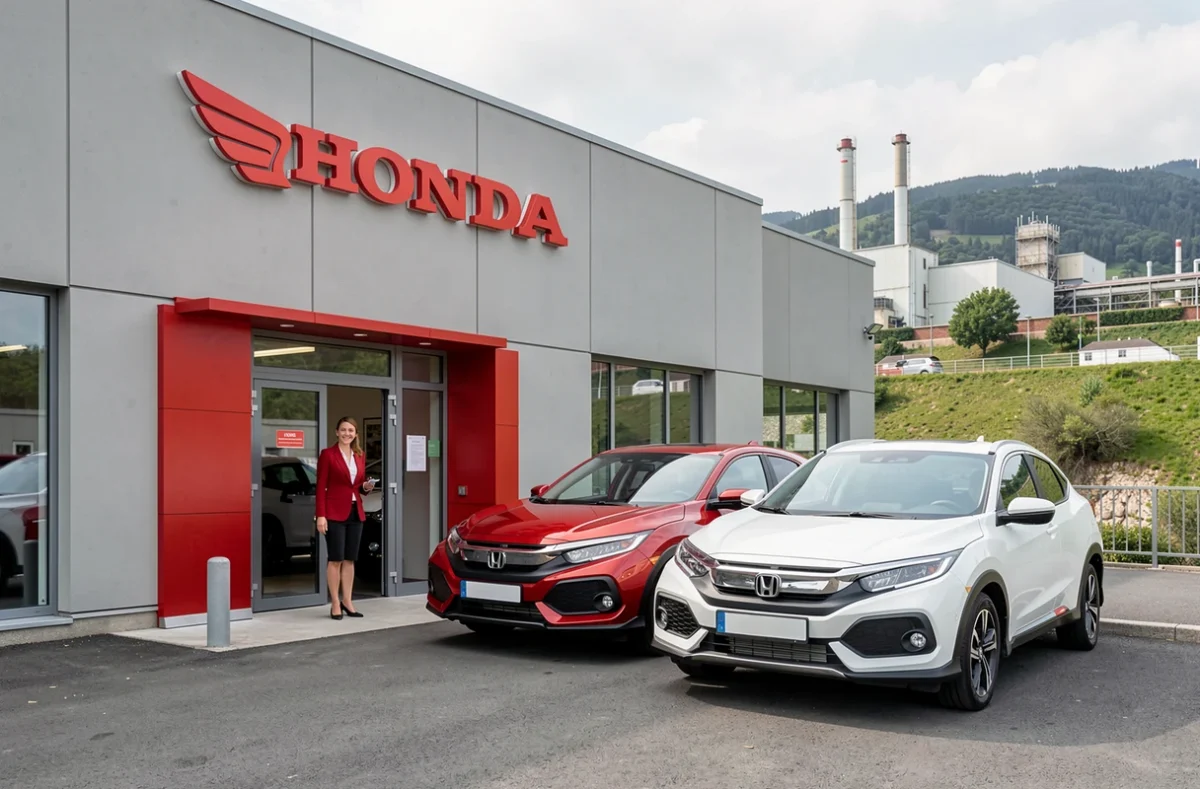 Concessionnaire Honda à Mondelange avec une Civic rouge et une HR-V blanche exposées sur le parvis devant la façade officielle