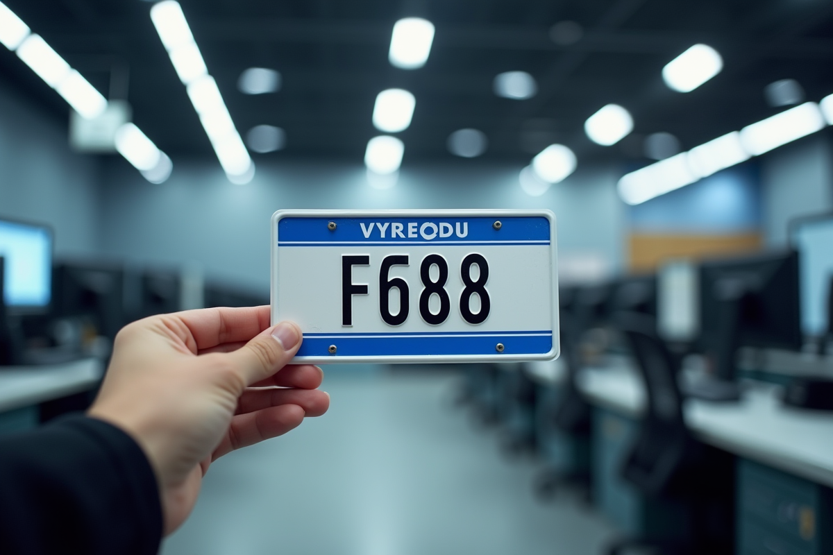 Main professionnelle tenant une plaque d immatriculation française neuve