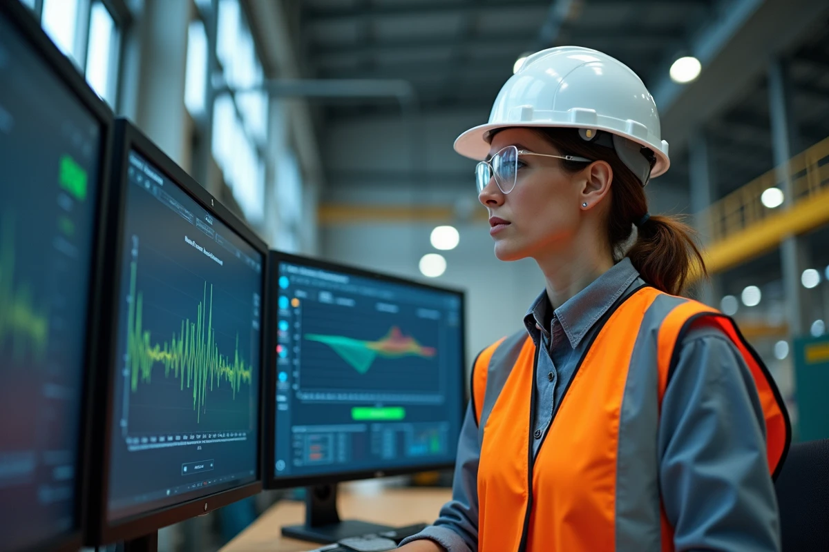 Ingénieure supervisant un tableau de bord de maintenance prédictive pour variateurs industriels dans une salle de contrôle