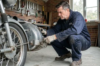 Mécanicien inspectant les fixations d'un side-car moto d'occasion dans un garage