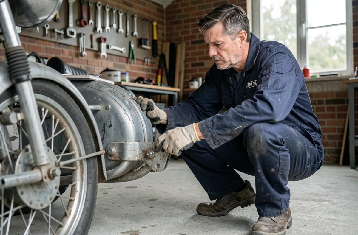 Mécanicien inspectant les fixations d'un side-car moto d'occasion dans un garage