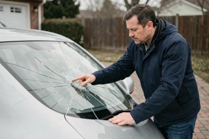 Homme inspectant une fissure sur le pare-brise de sa voiture avant un rendez-vous Carglass