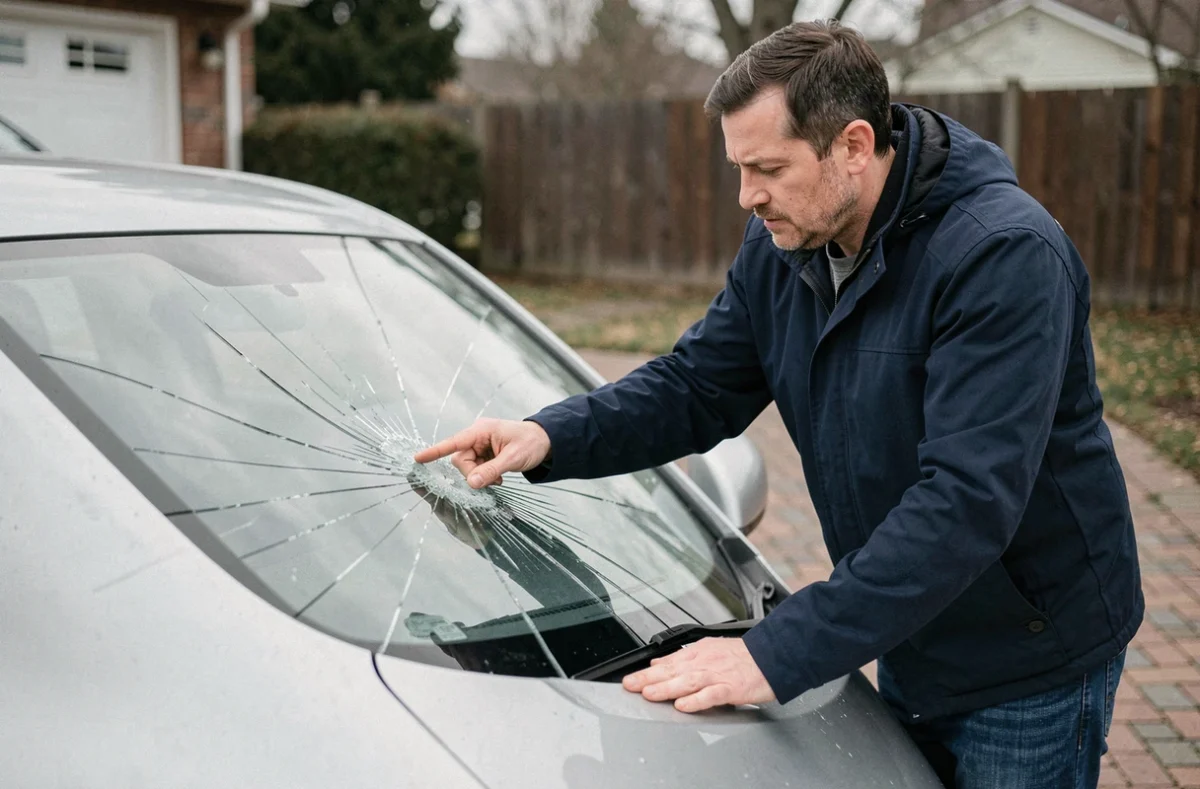 Homme inspectant une fissure sur le pare-brise de sa voiture avant un rendez-vous Carglass