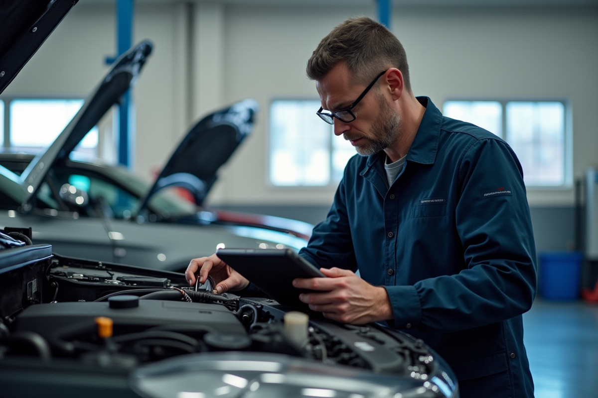 Mécanicien vérifiant une Peugeot 3008 en atelier lumineux