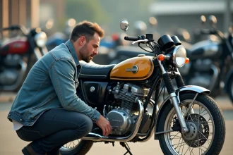 Acheteur inspectant une Yamaha RD350LC d'occasion dans un lot de vente de motos