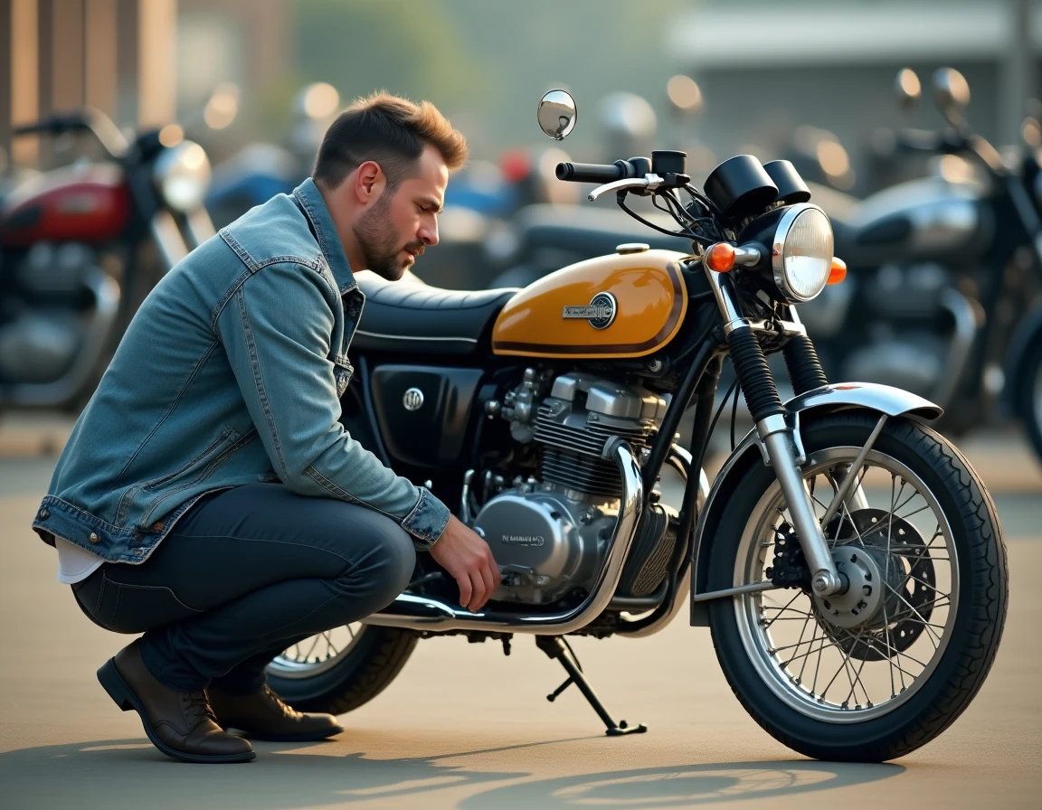 Acheteur inspectant une Yamaha RD350LC d'occasion dans un lot de vente de motos