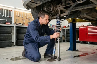 Mécanicien professionnel installant un amortisseur Bilstein B8 Comfort Tech sur une voiture levée dans un garage équipé