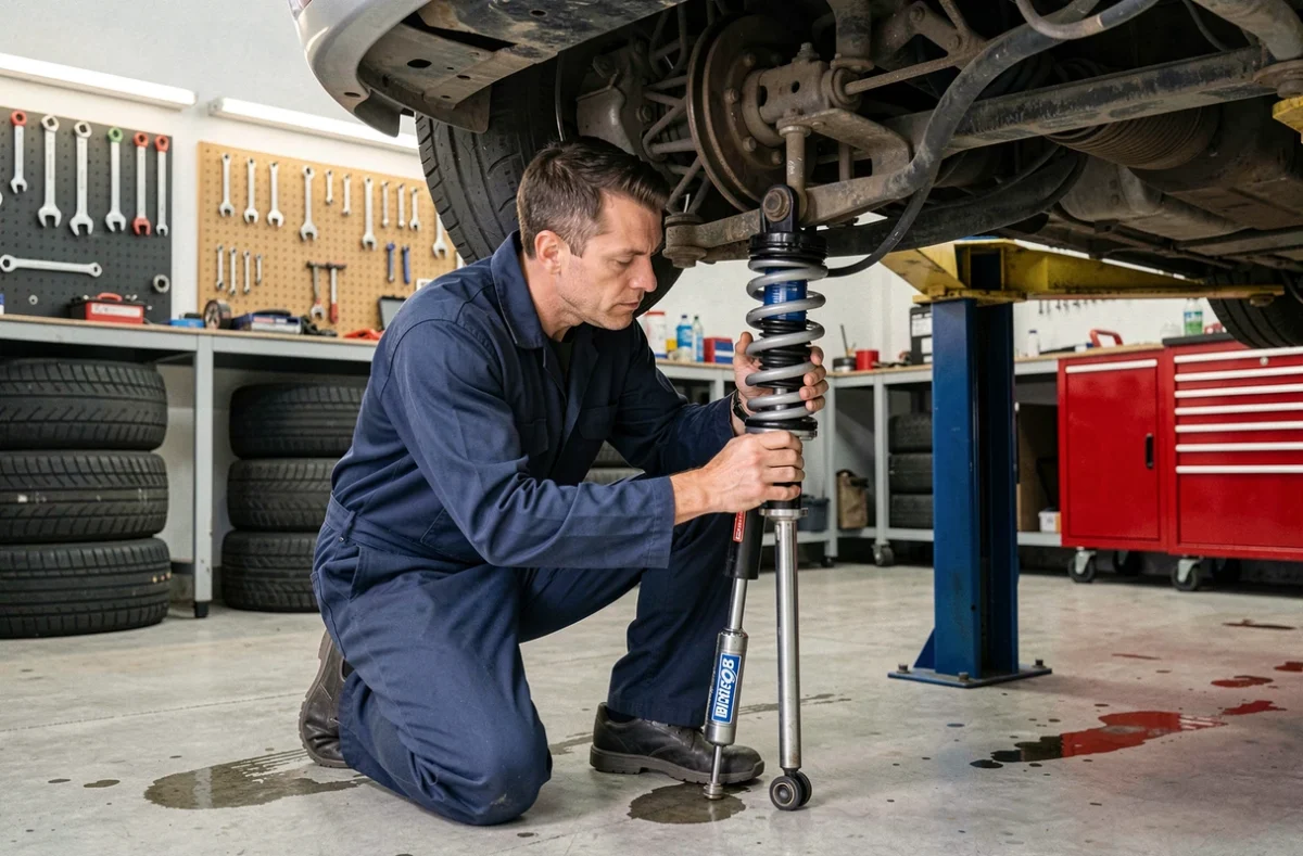 Mécanicien professionnel installant un amortisseur Bilstein B8 Comfort Tech sur une voiture levée dans un garage équipé