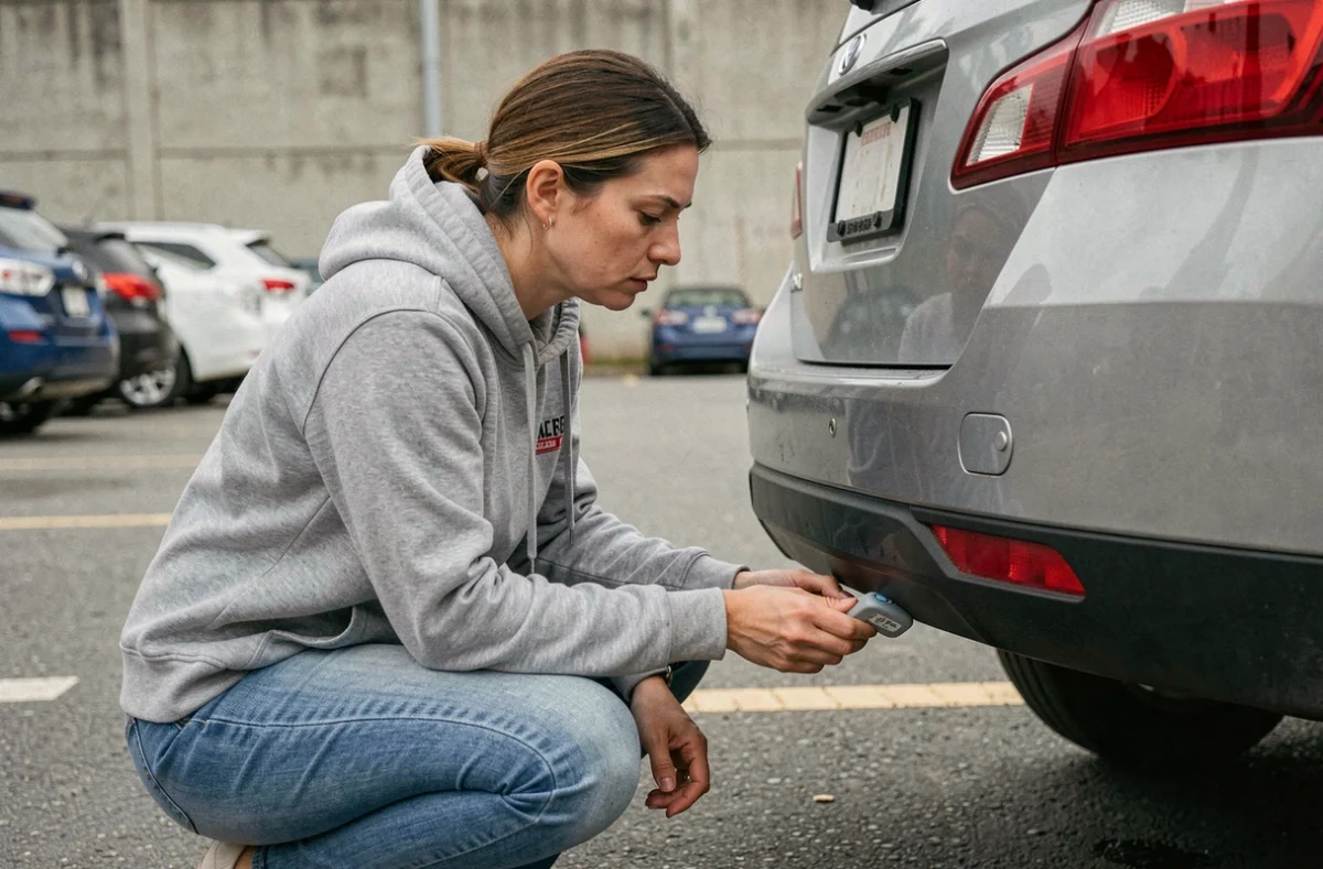 Femme installant discrètement un traceur GPS magnétique sous le pare-chocs d'une voiture dans un parking urbain