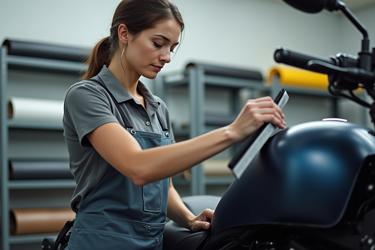 Femme appliquant un vinyle sur une moto en atelier