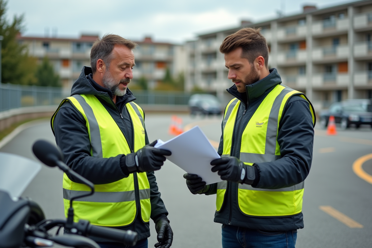 Instructeur moto avec élève lors d’un cours pratique
