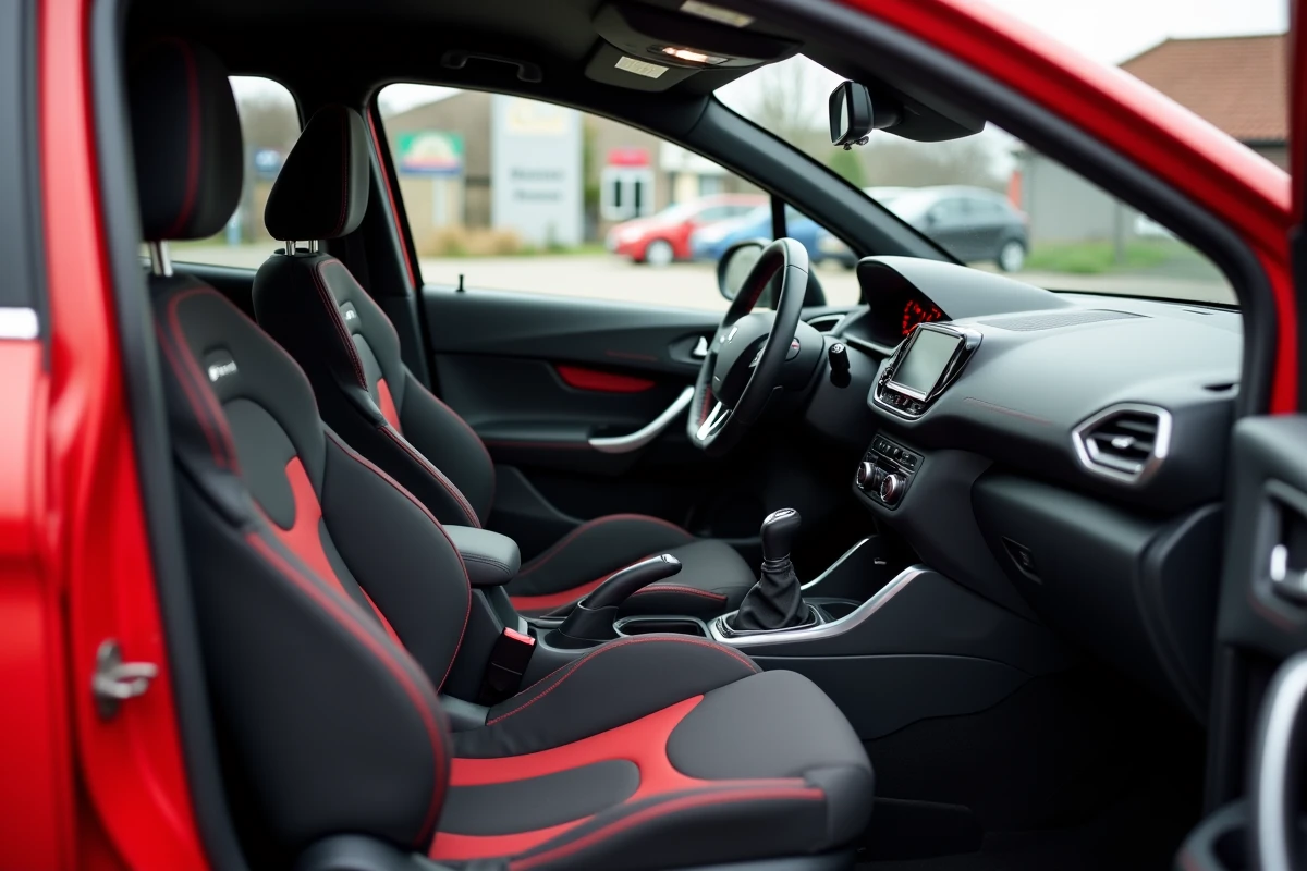 Intérieur d'une Peugeot 208 GTI d'occasion avec sièges baquets sport rouge et gris, volant GTI avec surpiqûres rouges et tableau de bord