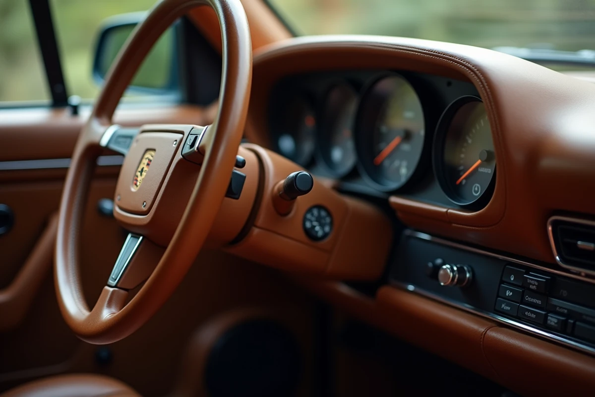 Intérieur vintage du Porsche Cayenne S Magnum avec tableau de bord en cuir cognac vieilli, volant et instrumentation analogique d'époque