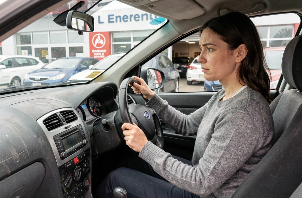 Une femme découvre le tableau de bord d'une LADA Vesta chez un concessionnaire en France, illustrant les erreurs courantes des nouveaux acheteurs