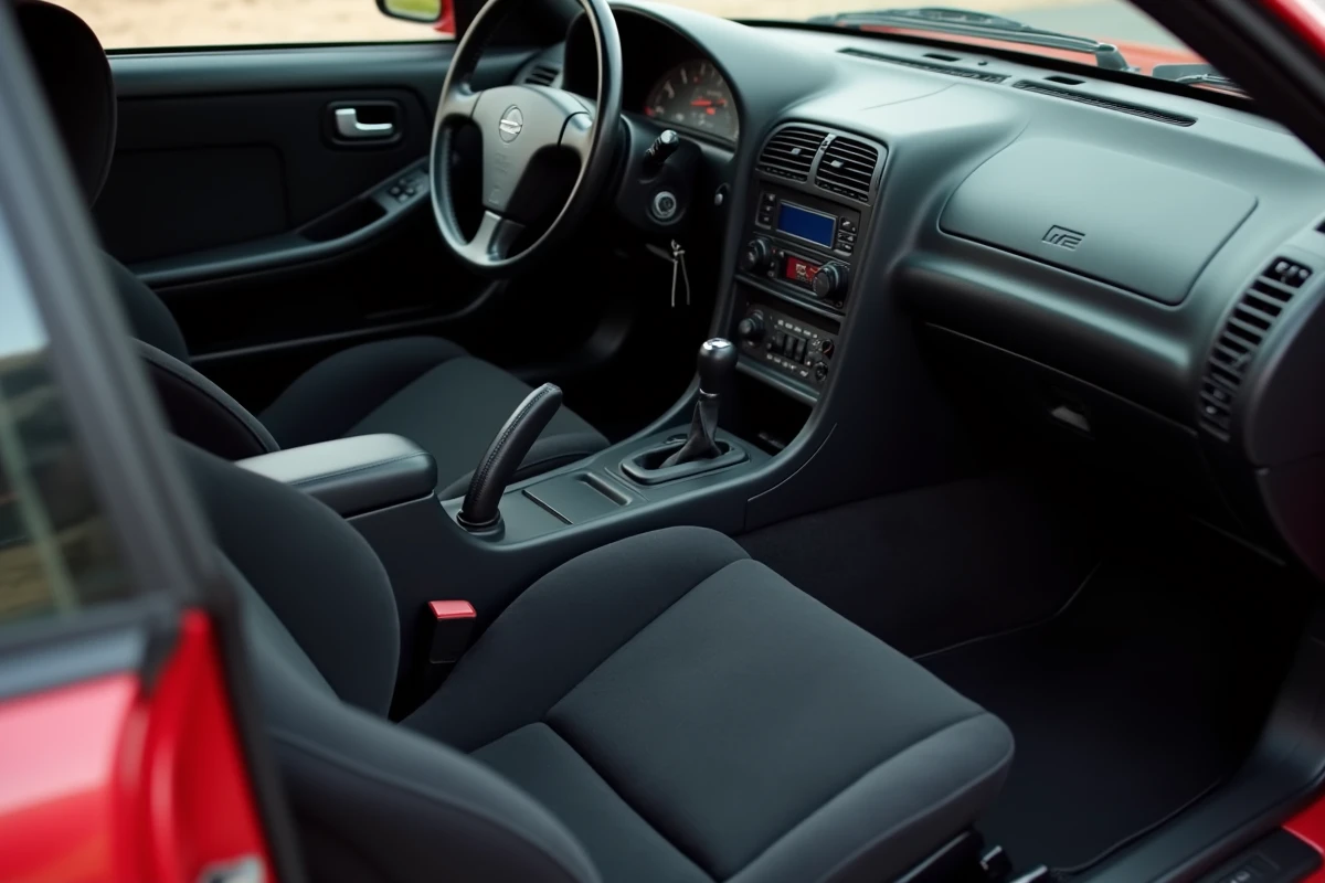 Intérieur original de la Nissan Silvia S14a avec sièges baquets en tissu noir, tableau de bord d'époque et volant Nardi, détail patrimoine automobile japonais