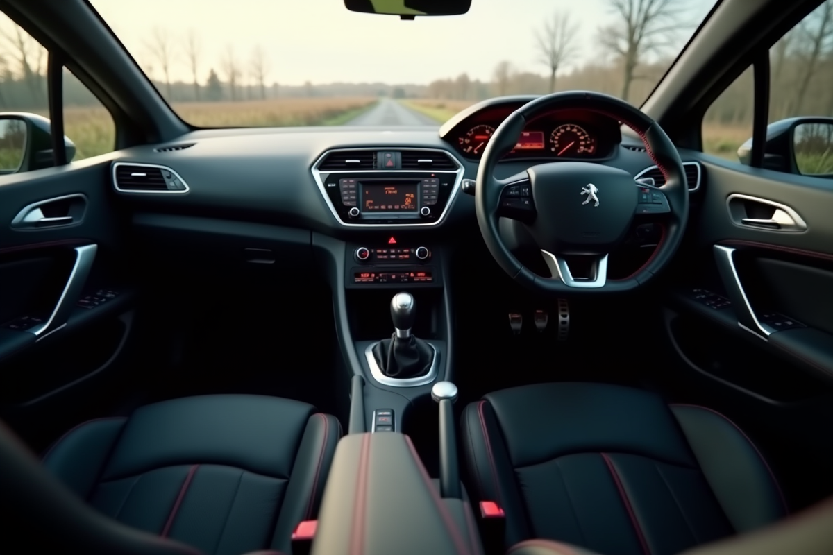 Intérieur de la Peugeot 308 GTI avec tableau de bord et levier de vitesse