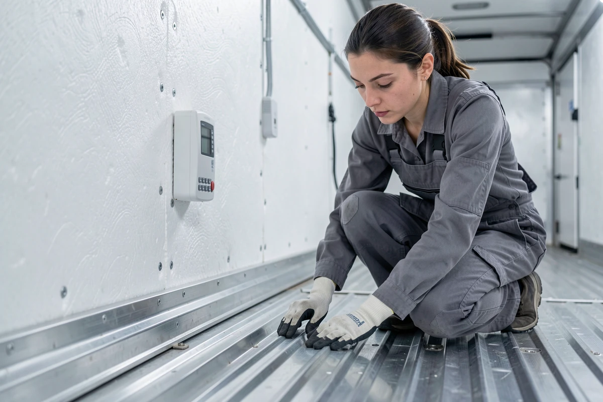 Intérieur d'une remorque frigorifique avec technicienne inspectant l'isolation et le système de contrôle de température