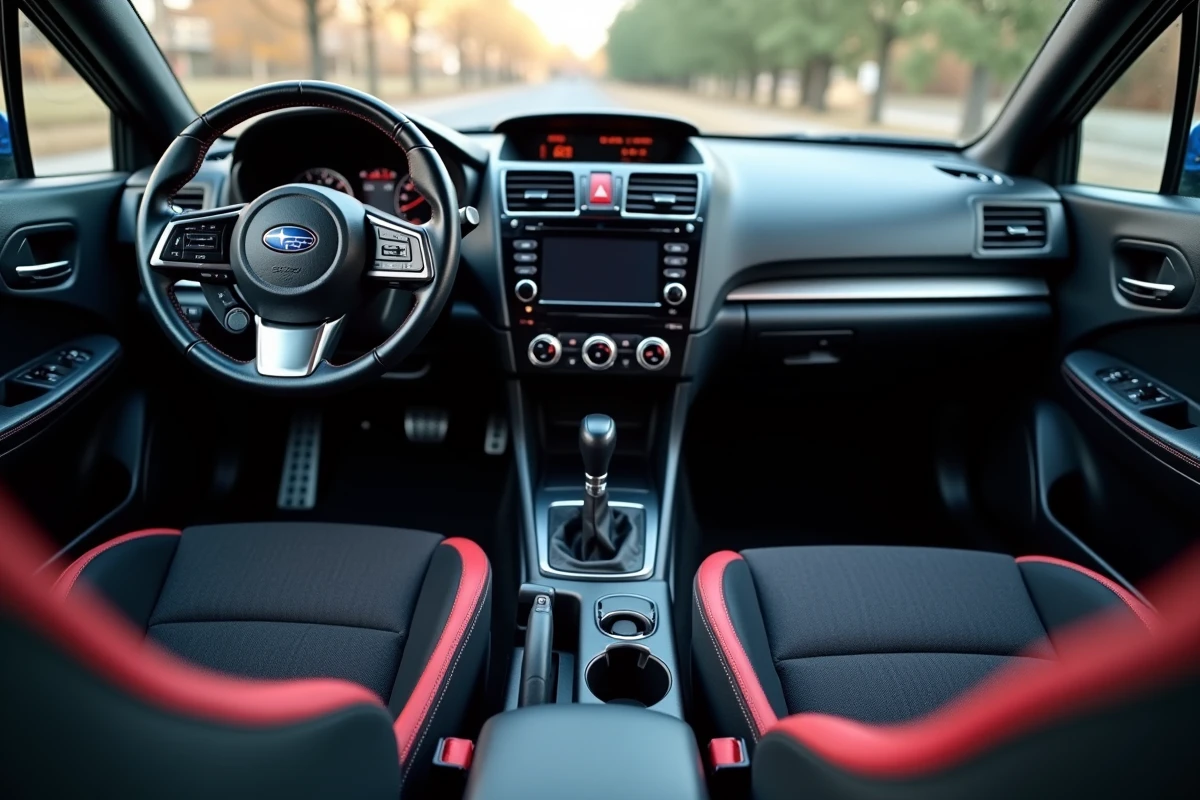 Intérieur de la Subaru WRX avec boîte manuelle 6 vitesses, levier de vitesse STI et volant sport