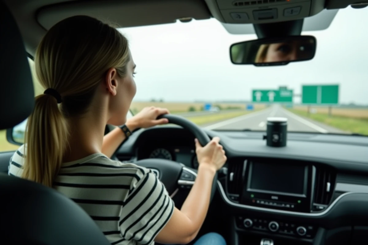 Vue intérieure d'un véhicule de covoiturage sur la N24 en Bretagne, conductrice au volant sur le trajet vers Rennes