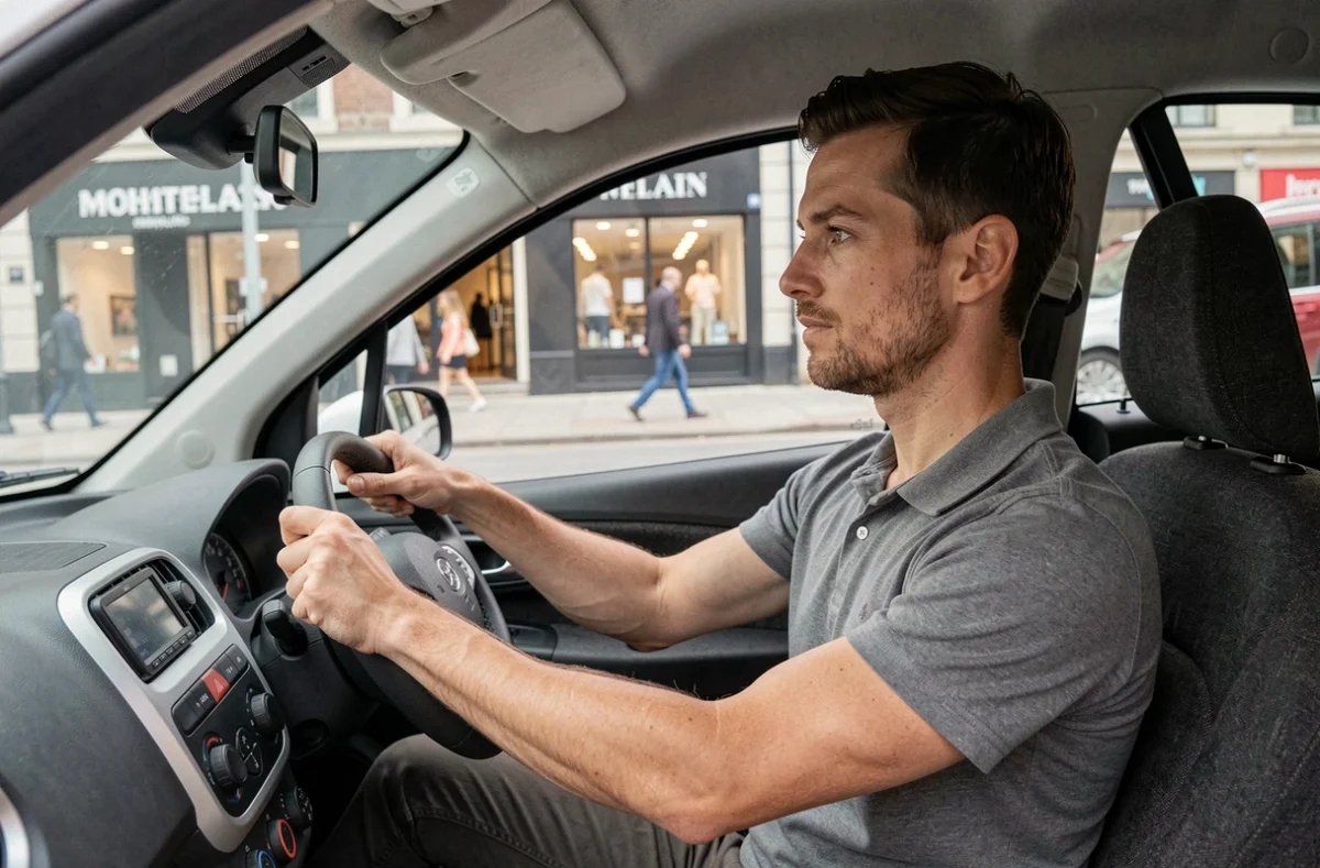 Homme au volant d'une voiture sans permis avec tableau de bord compact et habitacle moderne