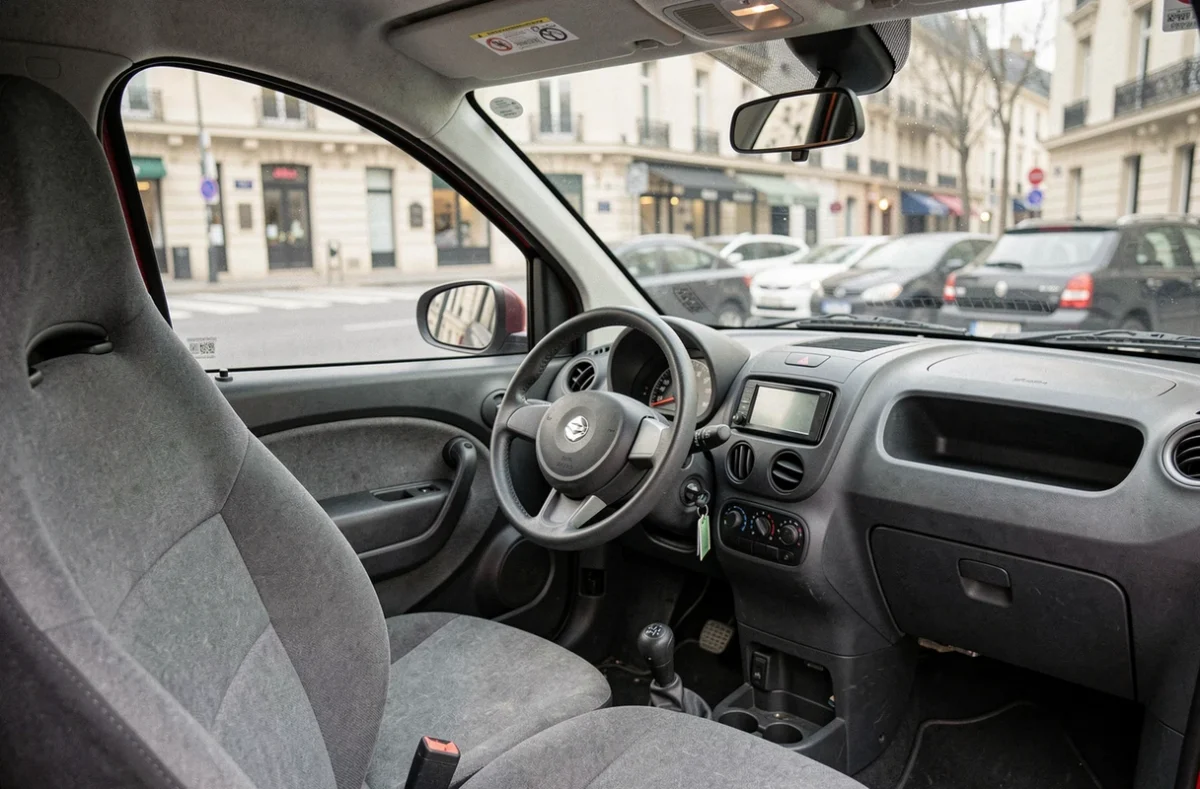 Intérieur minimaliste d'une voiture sans permis d'occasion avec tableau de bord compact