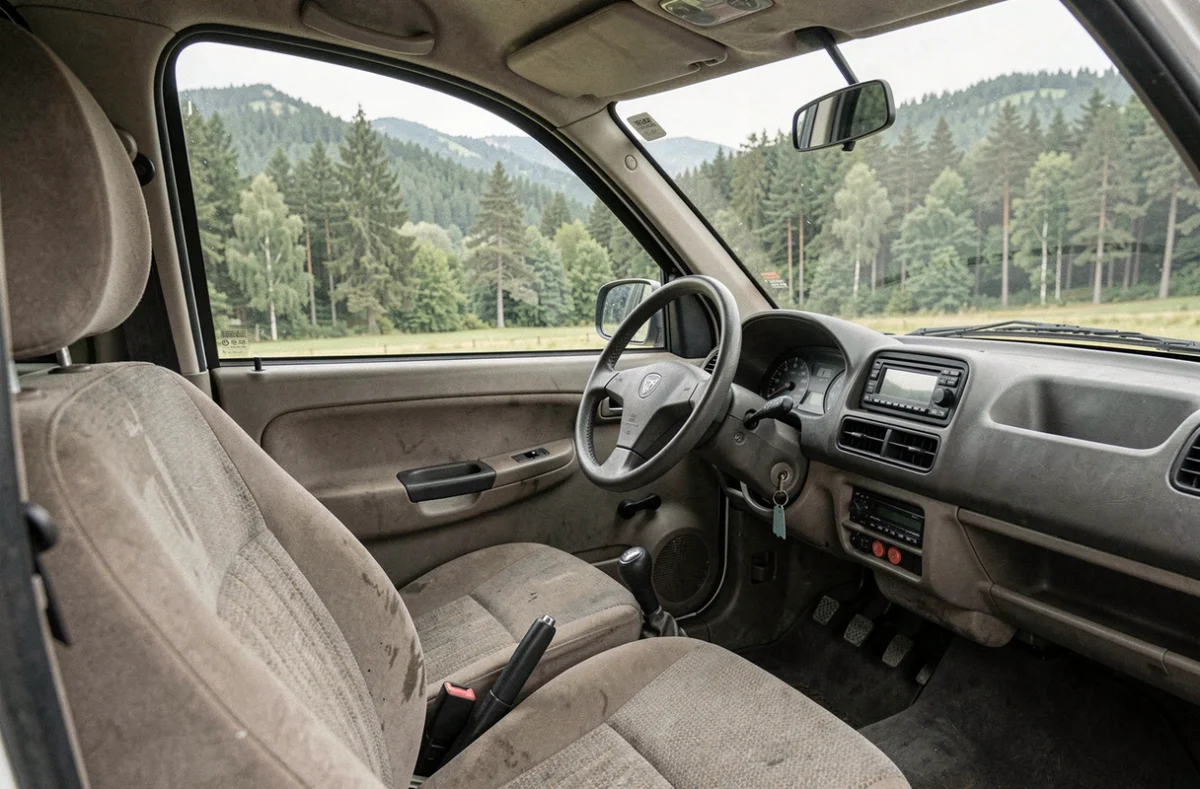 Intérieur d'une voiture sans permis d'occasion avec paysage vosgien visible par le pare-brise