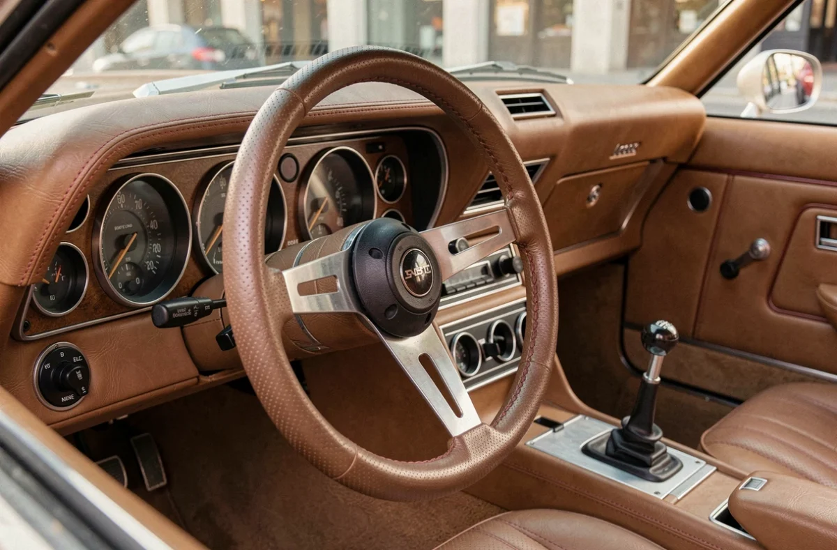 Détail intérieur d'une voiture française classique des années 70 avec tuning discret, volant sport et tableau de bord personnalisé