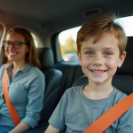 Jeune adolescent souriant au volant d'une voiture moderne avec parent