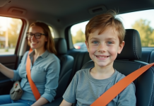 Jeune adolescent souriant au volant d'une voiture moderne avec parent